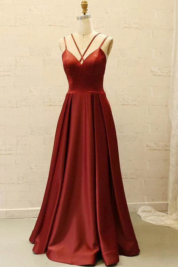 Spaghetti V Neck Straps Burgundy Satin Split Long Prom Dress