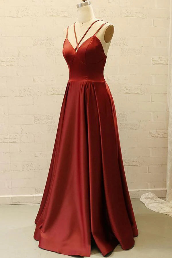 Spaghetti V Neck Straps Burgundy Satin Split Long Prom Dress