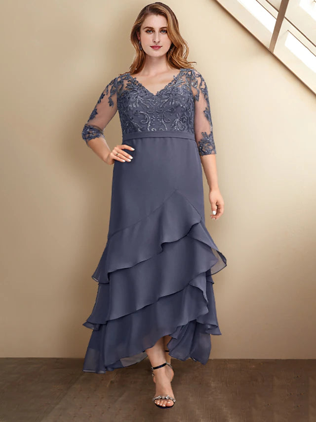 A-Line Plus Size Curve Mother of the Bride Dresses Elegant Dress Formal Ankle Length Half Sleeve V Neck Chiffon with Ruffles Appliques