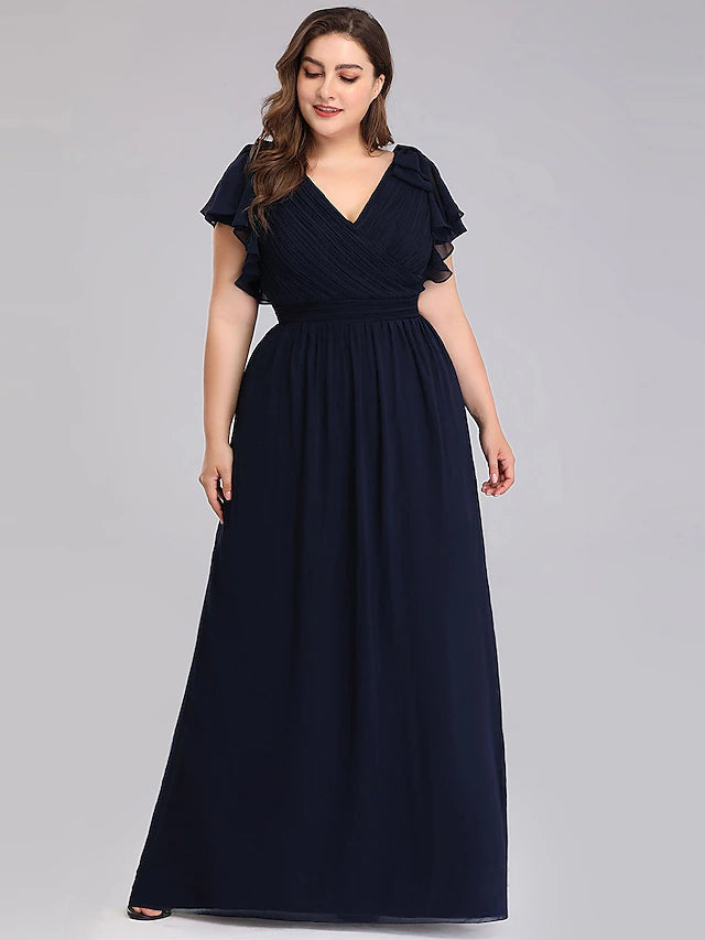 A-Line Mother of the Bride Dress Plus Size V Neck Floor Length Chiffon Short Sleeve with Ruffles Ruching