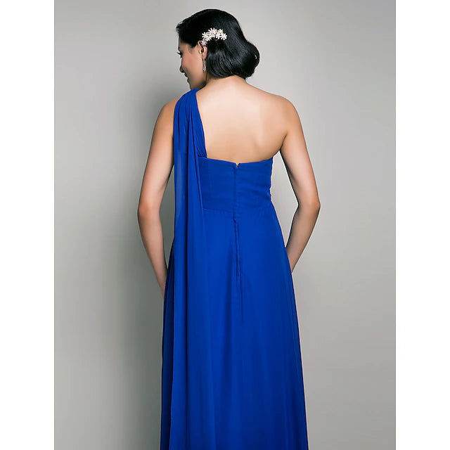 Etuikleid/Spaltenkleid für die Brautjungfer, eine Schulter, ärmellos, für Schwangere, Watteau-Schleppe/bodenlang, Chiffon mit überkreuzten/übereinander liegenden Ärmeln