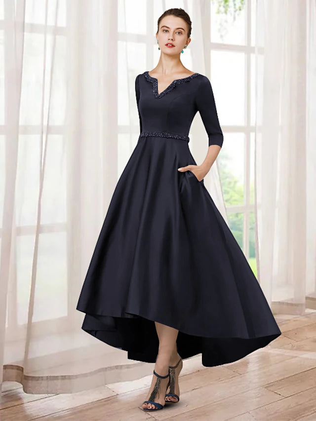 A-Line Mother of the Bride Dress Elegant High Low V Neck Asymmetrical Tea Length Satin Half Sleeve with BeadingA-Line Mother of the Bride Dress Elegant High Low V Neck Asymmetrical Tea Length Satin Half Sleeve with Beading