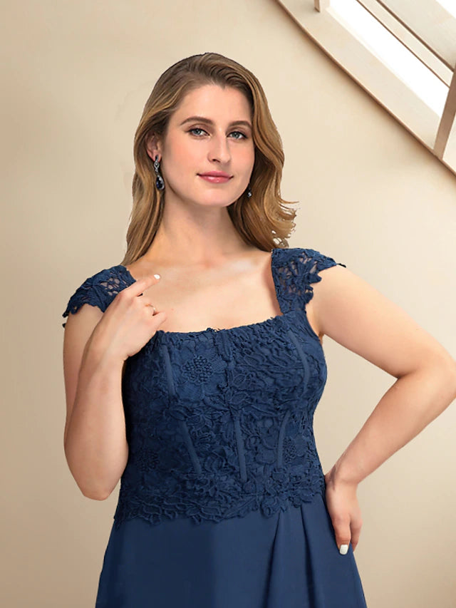 A-Line Plus Size Curve Mother of the Bride Dresses Elegant Dress Formal Asymmetrical Half Sleeve Square Neck Chiffon with Pleats Appliques