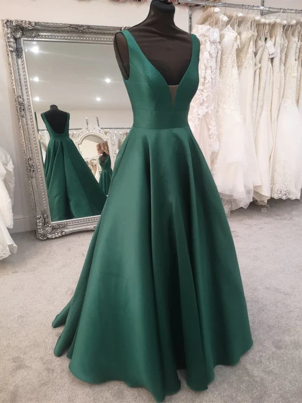Satin V Neck Open Back Long Prom Dresses