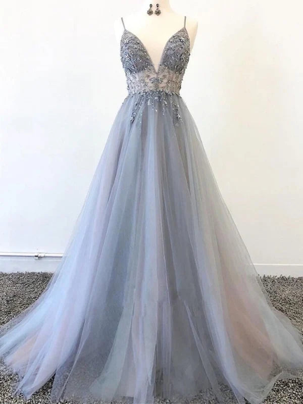 A Line V Neck Tulle Beaded Long Prom Dresses