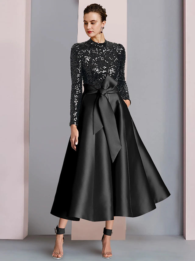 A-Line Mother of the Bride Dress Wedding Guest Elegant Sparkle & Shine High Neck Tea Length Satin Sequined Long Sleeve with Bow(s) Pleats