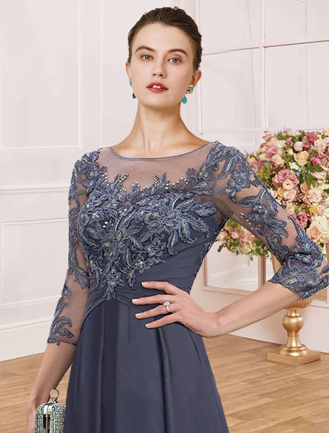 Sheath / Column Mother of the Bride Dress Wedding Guest Elegant Simple Jewel Neck Ankle Length Chiffon Lace 3/4 Length Sleeve with Pleats Sequin