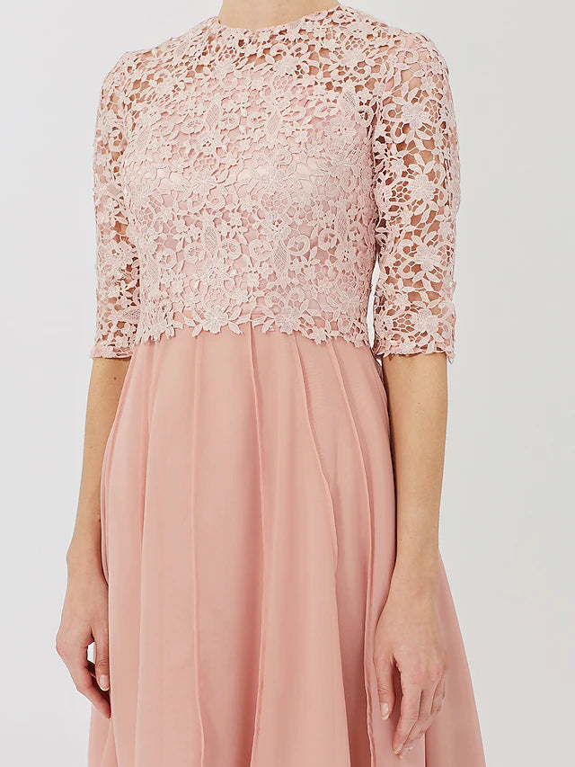 Ball Gown Mother of the Bride Dress Formal Classic & Timeless Elegant & Luxurious Convertible Dress Illusion Neck Knee Length Chiffon Floral Lace 3/4 Length Sleeve with Crystal Brooch