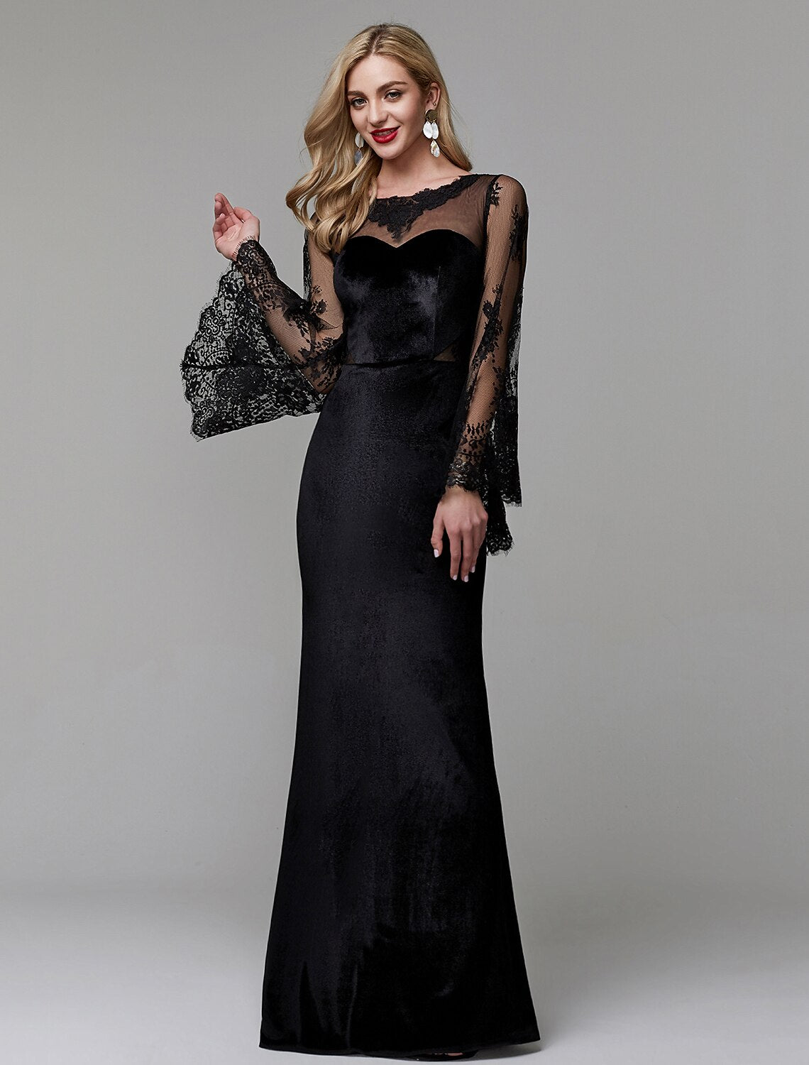 Sheath / Column Elegant Dress Wedding Guest Engagement Floor Length Long Sleeve Illusion Neck Lace with Lace Insert