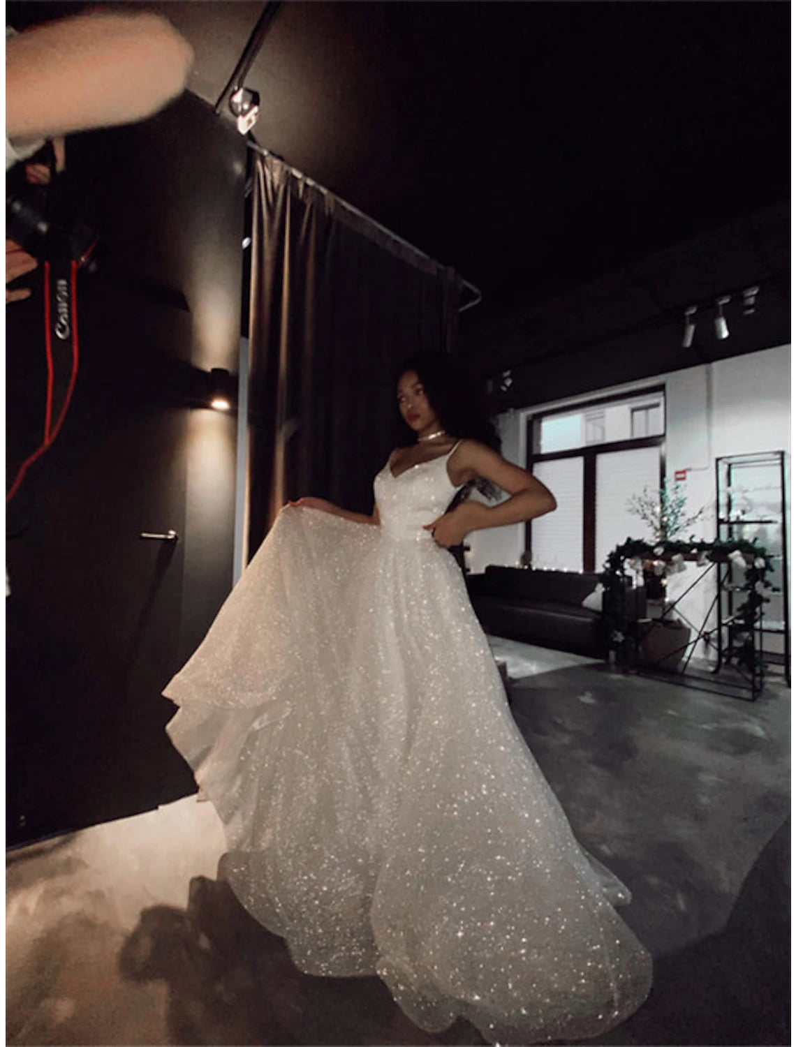 Hall Sparkle & Shine Casual Wedding Dresses A-Line Camisole V Neck Spaghetti Strap Sweep / Brush Train Sequined Bridal Gowns With Solid Color