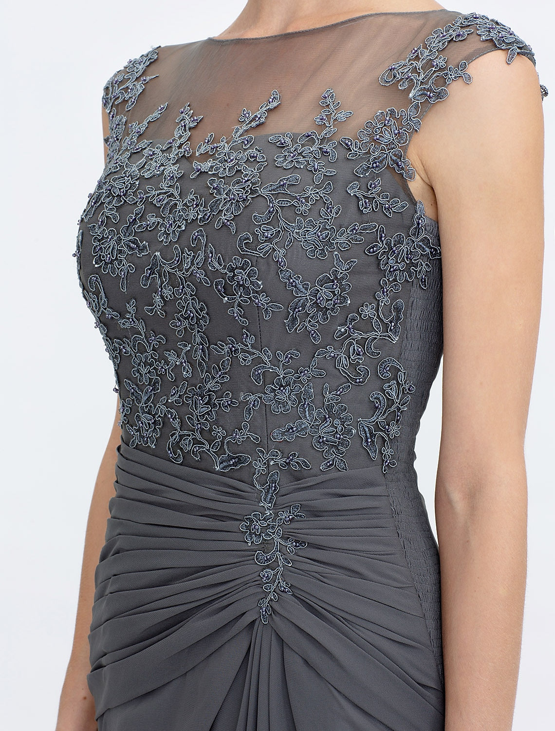 A-Linie Kleid für die Brautmutter, Hochzeitsgast, elegant, durchsichtig, Bateau-Ausschnitt, bodenlang, Chiffon, Spitze, ärmellos, mit seitlicher Drapierung