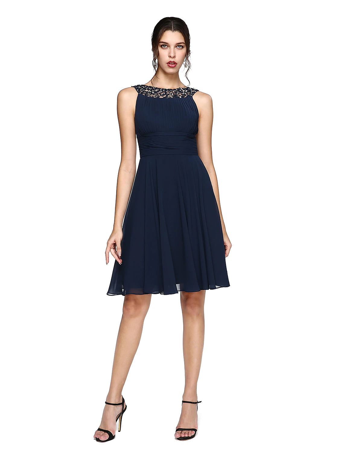 A-Linie Cocktailkleider Partykleid Hochzeitsgast Cocktailparty Knielang Ärmellos Illusionsausschnitt Chiffon mit gerüschtem Pailletten-Spitzeneinsatz