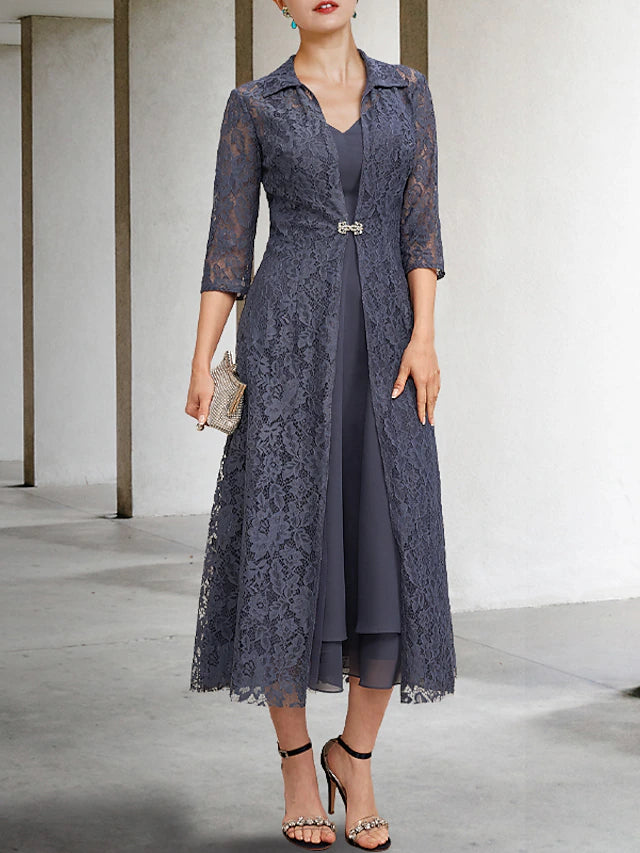 A-Line Mother of the Bride Dress Elegant V Neck Tea Length Chiffon Lace Sleeveless Jacket Dresses with Tier Solid Color