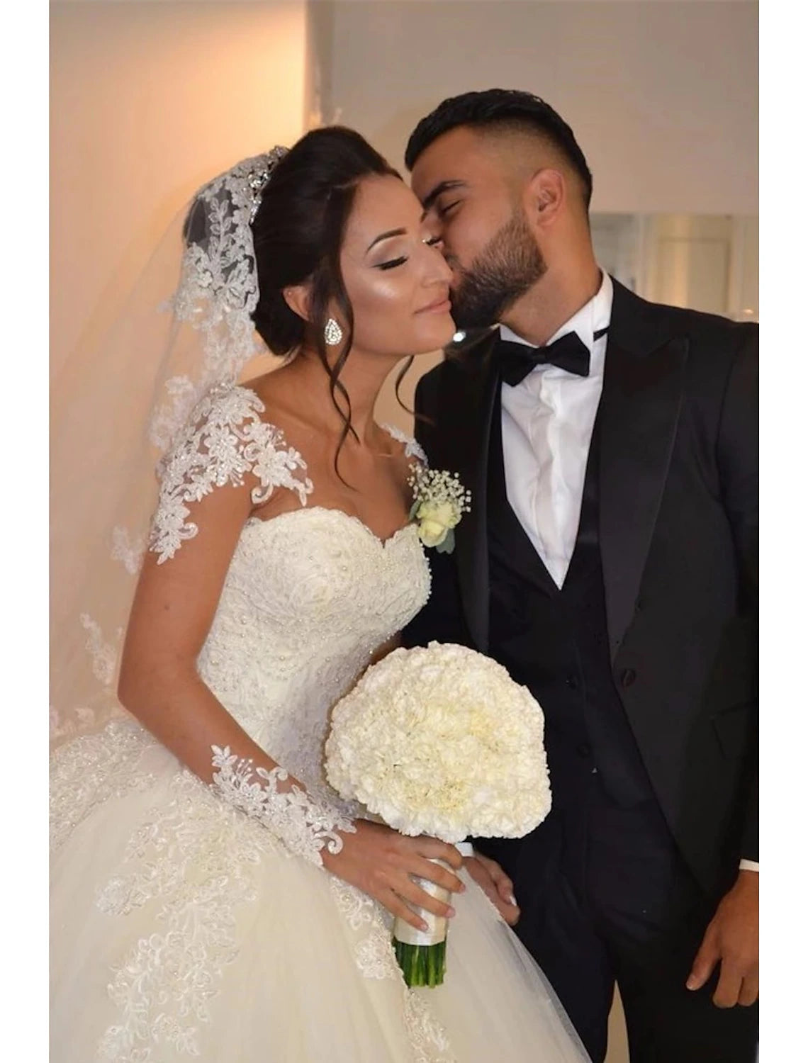 Engagement Formal Wedding Dresses Ball Gown Sweetheart Long Sleeve Floor Length Lace Bridal Gowns With Lace