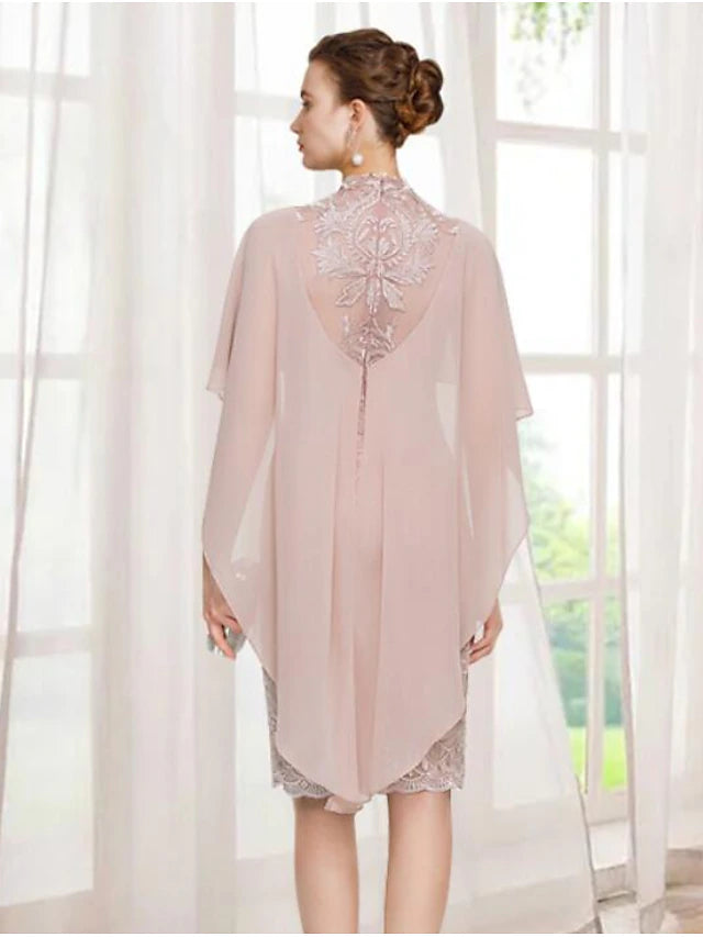 Sheath / Column Mother of the Bride Dress Elegant Jewel Neck Knee Length Chiffon Lace Sleeveless with Appliques