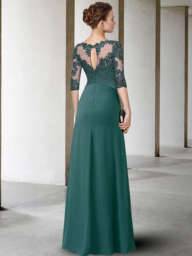 Sheath / Column Mother of the Bride Dress Plus Size Elegant Jewel Neck Floor Length Chiffon Lace Half Sleeve with Ruched Appliques