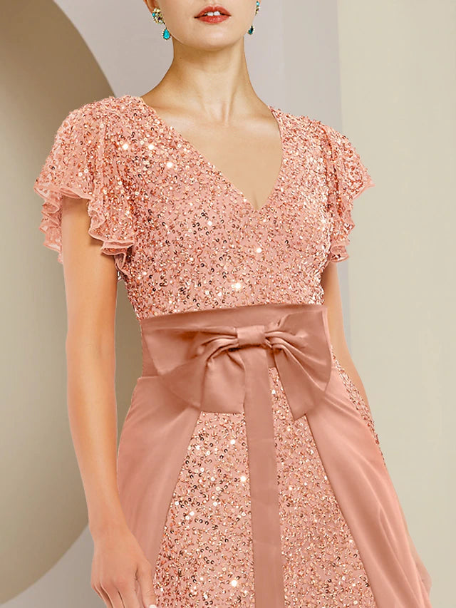 Two Piece A-Line Mother of the Bride Dress Formal Wedding Guest Sparkle & Shine Elegant V Neck Tea Length Lace Sequined Short Sleeve with Bow(s) Beading Sequin