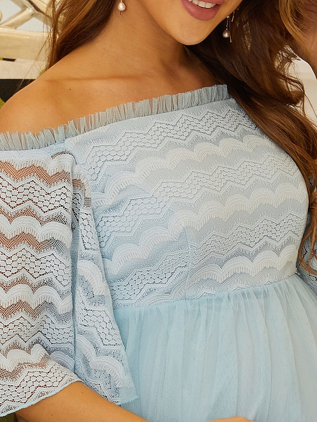 A-Line Mother of the Bride Dress Maternity Elegant Off Shoulder Floor Length Lace Tulle Sleeveless with Tier