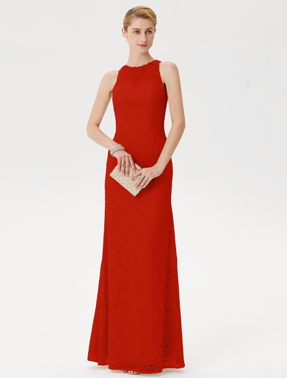 Sheath / Column Mother of the Bride Dress Elegant See Through Illusion Neck Floor Length Lace Sleeveless with Crystals Beading