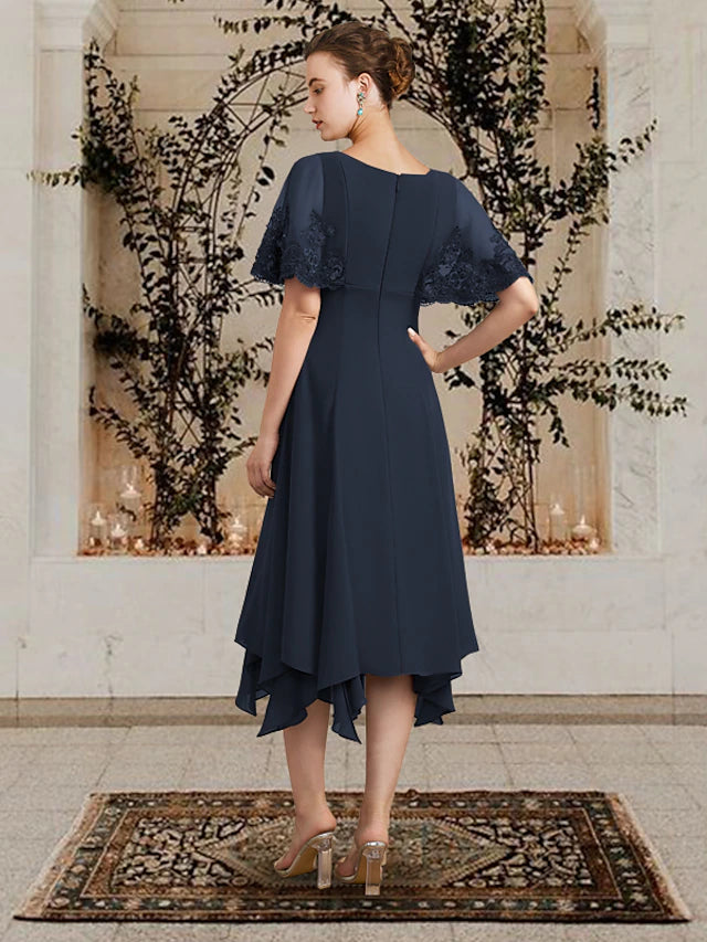 A-Line Mother of the Bride Dress Plus Size Elegant High Low V Neck Asymmetrical Tea Length Chiffon Lace Sleeveless with Appliques