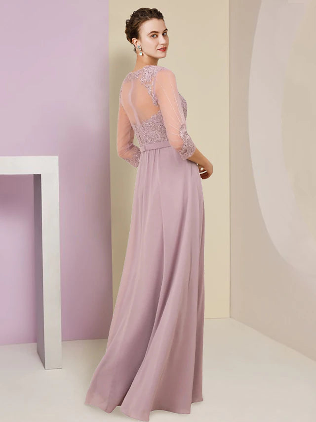 A-Line Mother of the Bride Dress Formal Wedding Guest Elegant V Neck Floor Length Chiffon Lace 3/4 Length Sleeve with Pleats Appliques