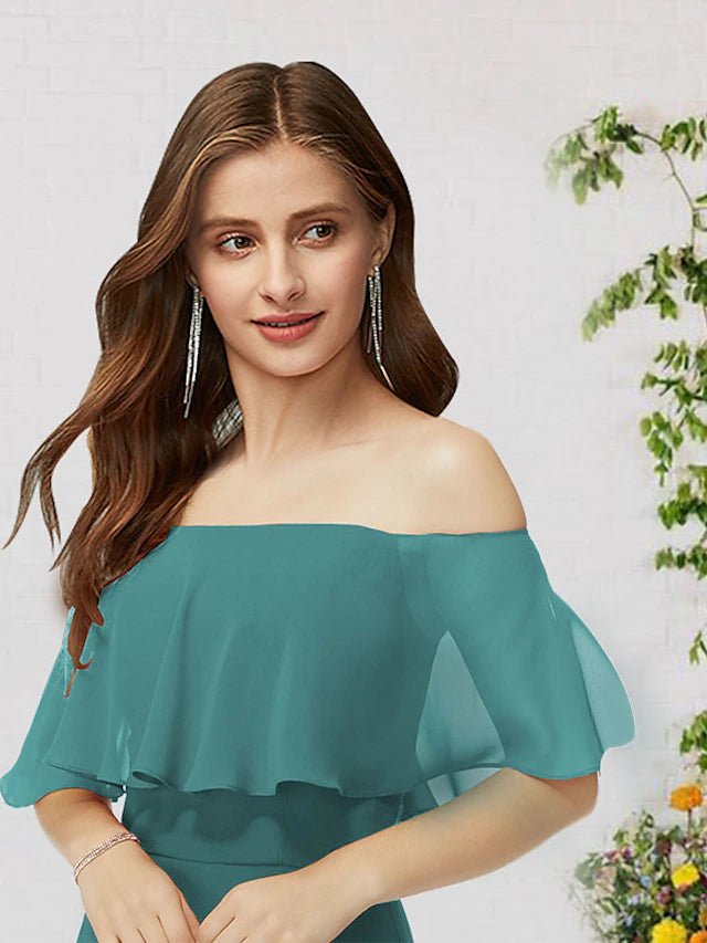 A-Linie Brautjungfernkleid Schulterfrei Ärmellos Elegant Bodenlang Chiffon mit Rüschen