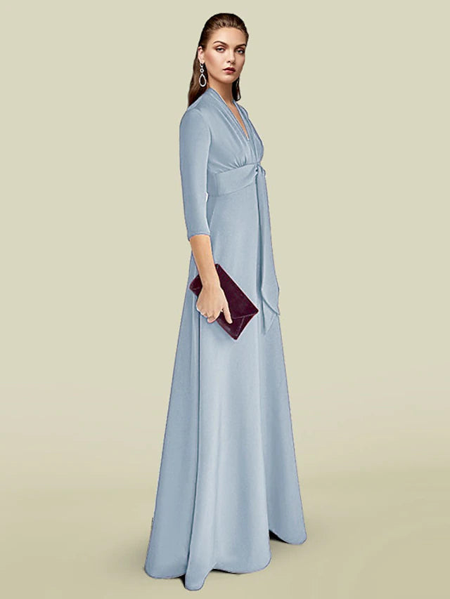 A-Line Mother of the Bride Dress Elegant V Neck Floor Length Charmeuse 3/4 Length Sleeve with Ruching