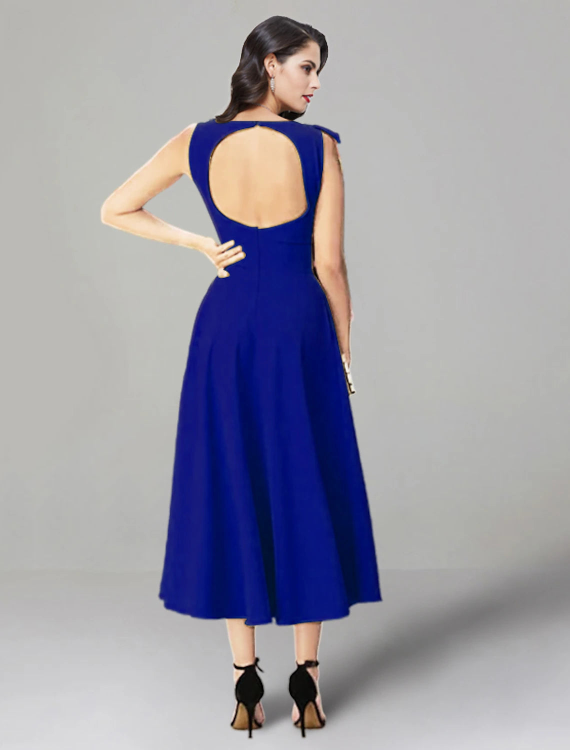 A-Line Wedding Guest Dresses Backless Dress Summer Tea Length Sleeveless Jewel Neck Stretch Fabric with Ruffles