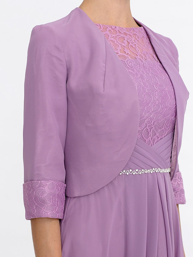 Two Piece Ball Gown A-Line Mother of the Bride Dress Formal Church Convertible Dress High Low See Through Illusion Neck Asymmetrical Chiffon Lace 3/4 Length Sleeve with Crystals