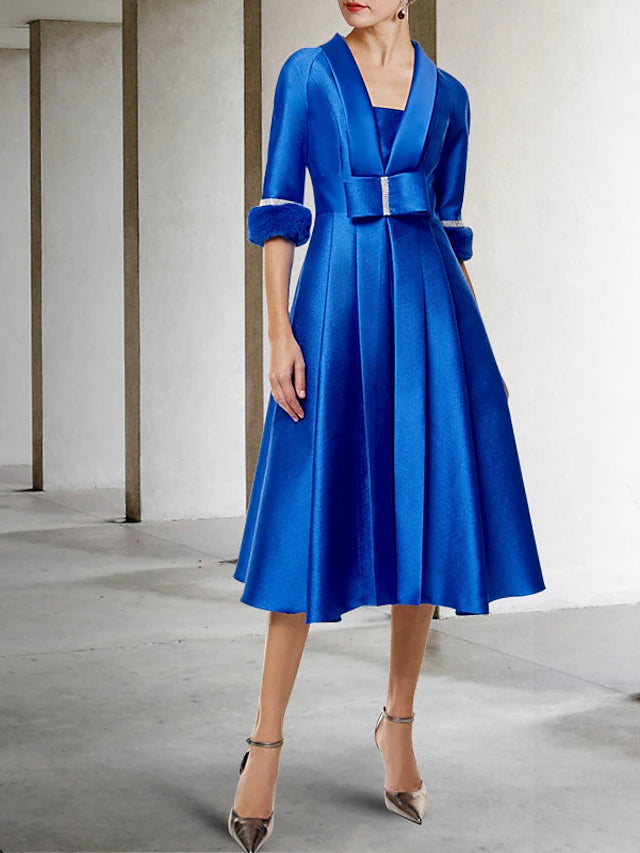 Two Piece A-Line Mother of the Bride Dress Elegant Jewel Neck Tea Length Satin Half Sleeve Jacket Dresses with Bow(s) Pleats Crystals