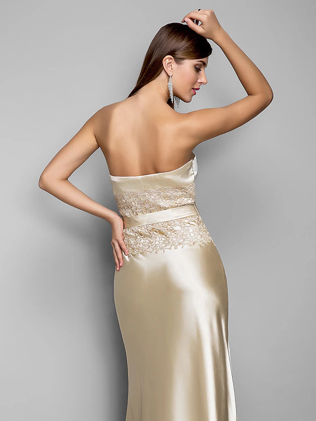 Mermaid / Trumpet Evening Gown Open Back Dress Wedding Guest Floor Length Sleeveless Sweetheart Stretch Satin with Appliques