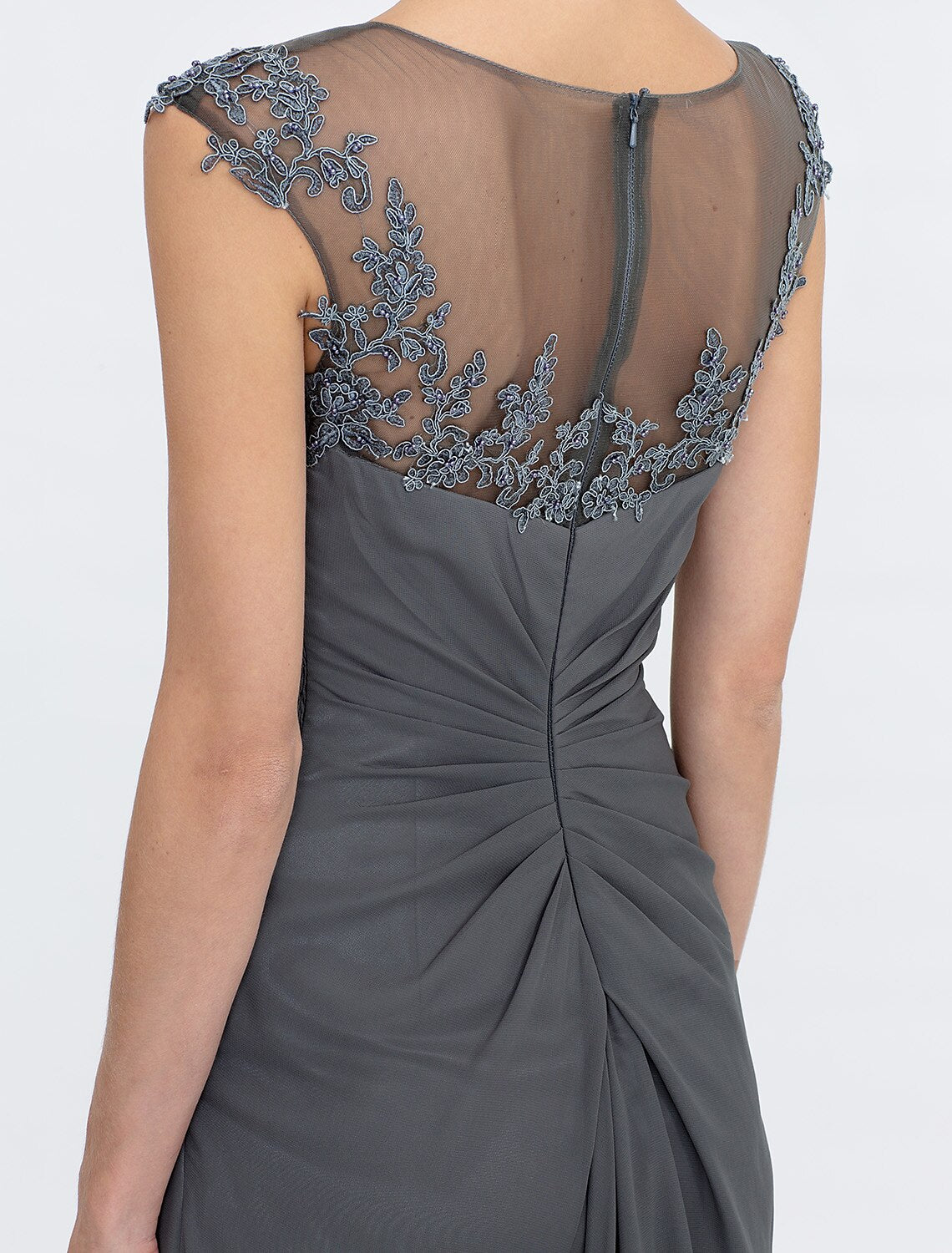 A-Linie Kleid für die Brautmutter, Hochzeitsgast, elegant, durchsichtig, Bateau-Ausschnitt, bodenlang, Chiffon, Spitze, ärmellos, mit seitlicher Drapierung