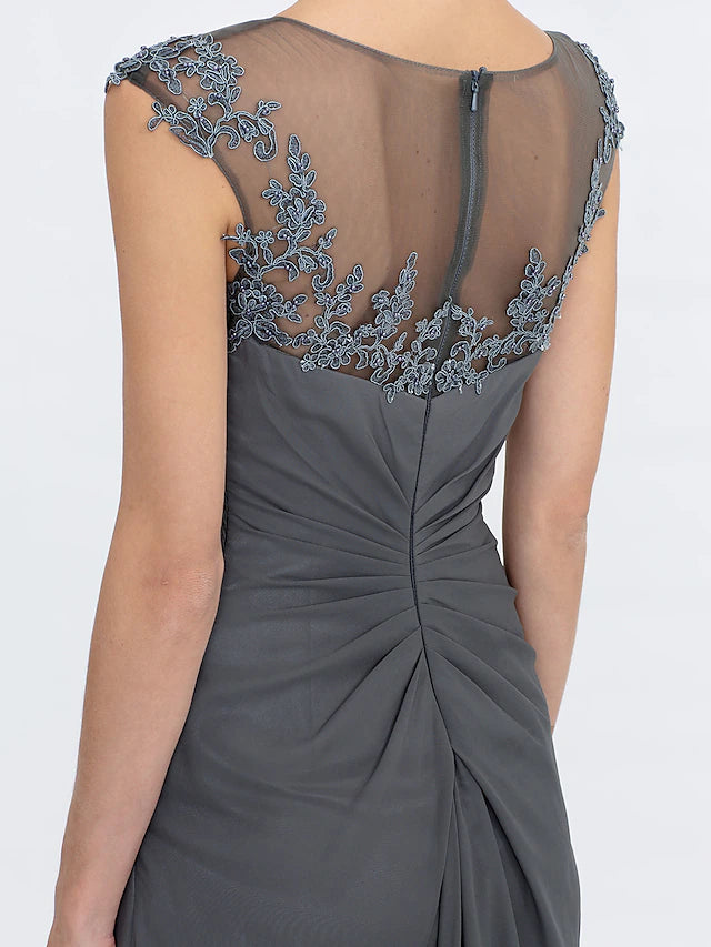 A-Linien-Kleid für die Brautmutter, elegant, durchsichtig, U-Boot-Ausschnitt, bodenlang, Chiffon, Spitze, ärmellos, mit seitlicher Drapierung