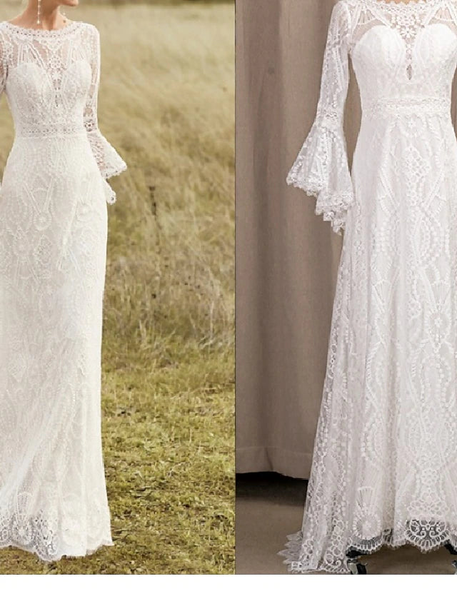 Beach Boho Wedding Dresses Court Train A-Line Long Sleeve Jewel Neck Lace With Lace Solid Color