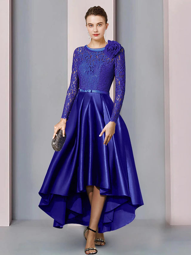 A-Line Mother of the Bride Dress Formal Church Elegant High Low Scoop Neck Tea Length Satin Lace Long Sleeve with Sash / Ribbon Bow(s) Flower