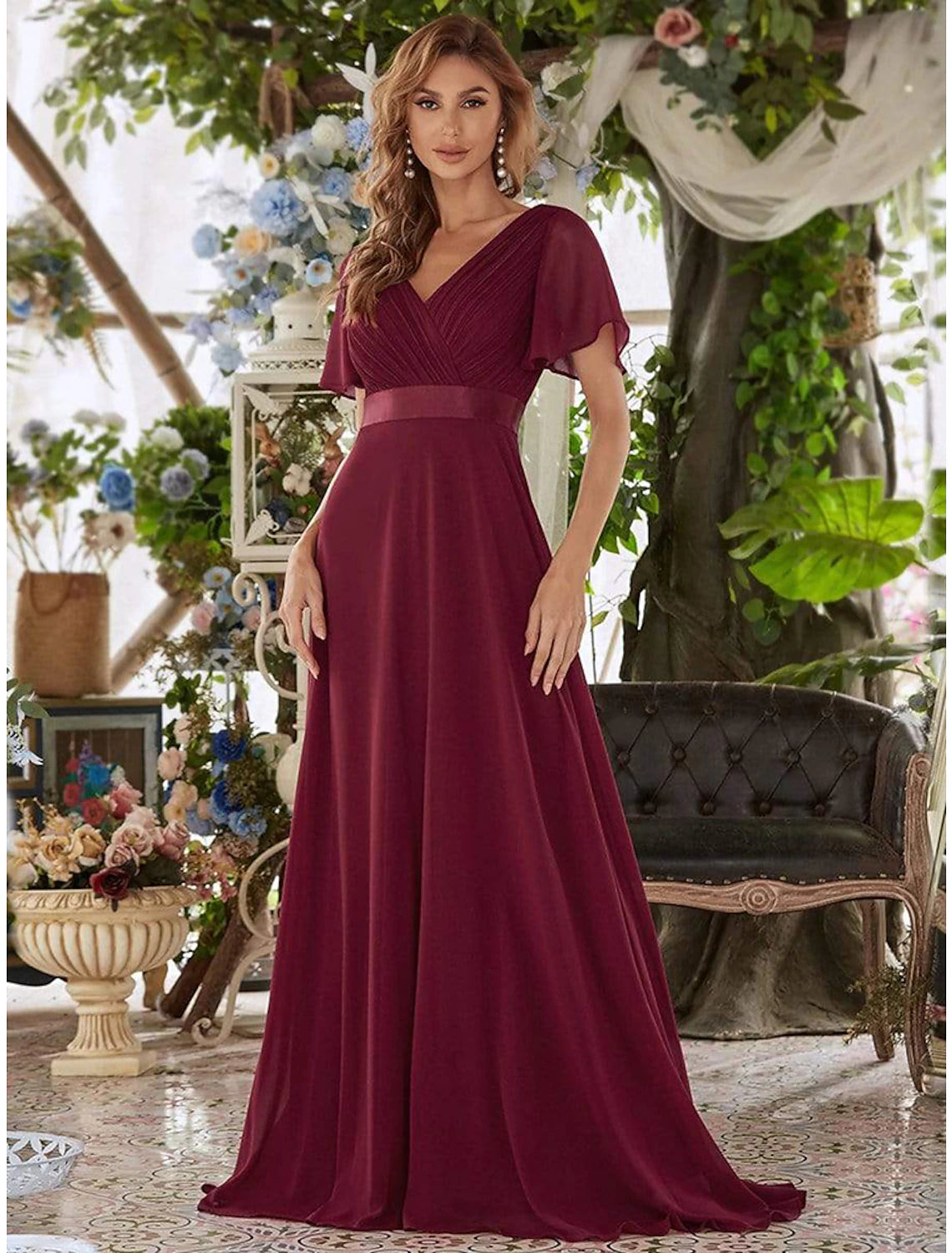 A-Linien-Abendkleid, Empire-Kleid, Hochzeitsgast, formeller Abend, bodenlang, kurzärmlig, V-Ausschnitt, Brautjungfernkleid, Chiffon, V-Rücken mit Rüschen, reine Farbe