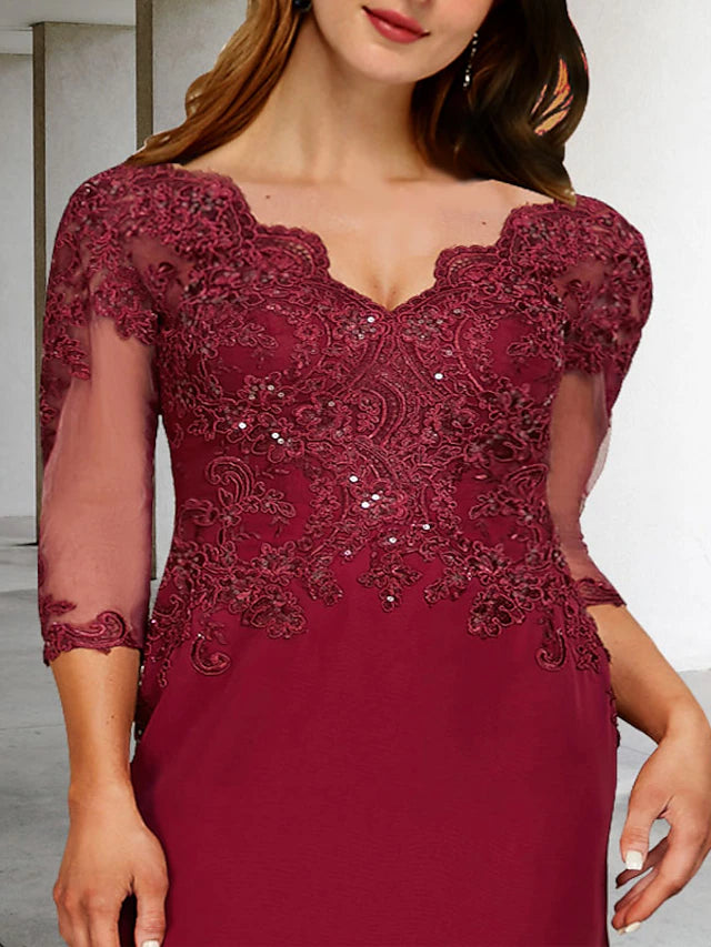 A-Line Plus Size Curve Mother of the Bride Dresses Elegant Dress Formal Court Train 3/4 Length Sleeve V Neck Chiffon with Sequin Slit Appliques