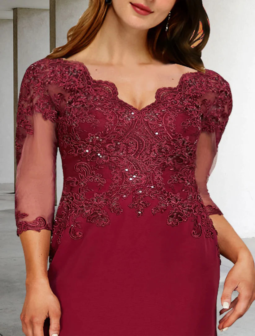 A-Line Plus Size Curve Mother of the Bride Dresses Elegant Dress Formal Wedding Guest Court Train 3/4 Length Sleeve V Neck Chiffon with Sequin Slit Appliques