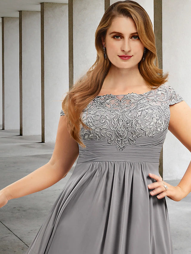 A-Line Plus Size Curve Mother of the Bride Dresses Elegant Dress Formal Tea Length Short Sleeve Jewel Neck Chiffon with Pleats Ruched Appliques