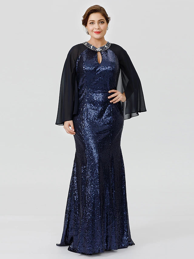 Mermaid / Trumpet Mother of the Bride Dress Formal Chic & Modern Glamorous & Dramatic Plus Size Jewel Neck Floor Length Chiffon Sequined 3/4 Length Sleeve No with Crystals Beading
