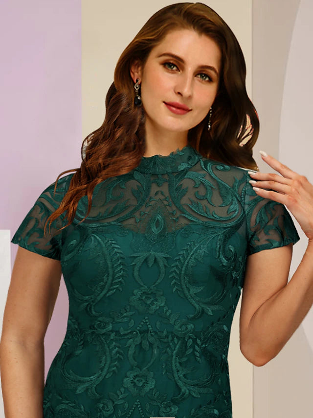 Plus Size Curve Mother of the Bride Dress Wedding Guest Vintage Elegant High Neck Tea Length Lace Short Sleeve with Solid Color