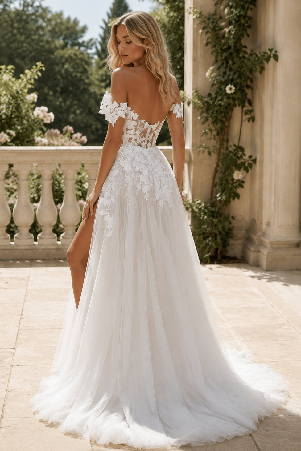White Applique A Line Sweetheart Off Shoulder Sheer Low Back Slit Train Wedding Dress