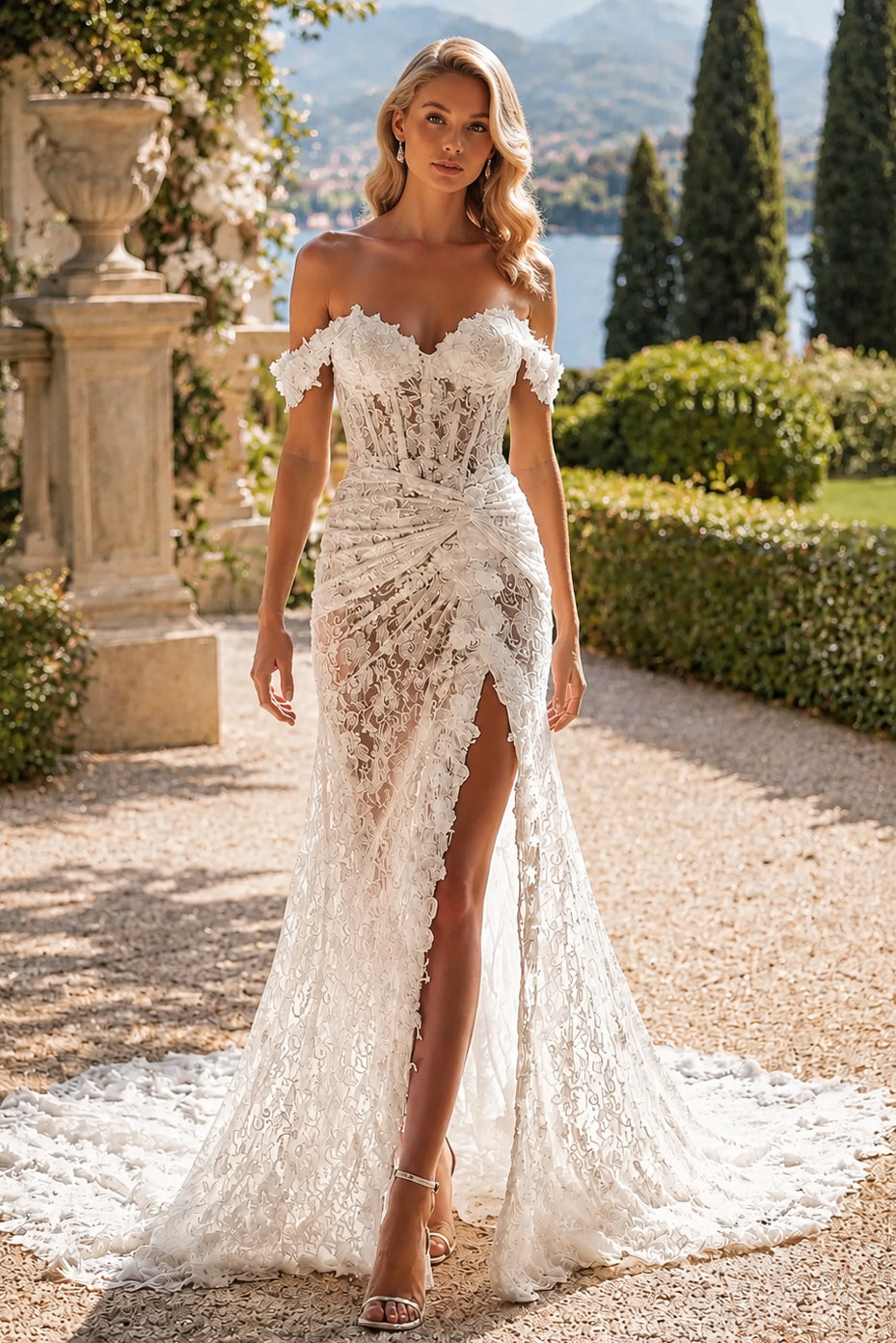 White Lace Mermaid Off Shoulder High Slit Corset Back Train Wedding Dress