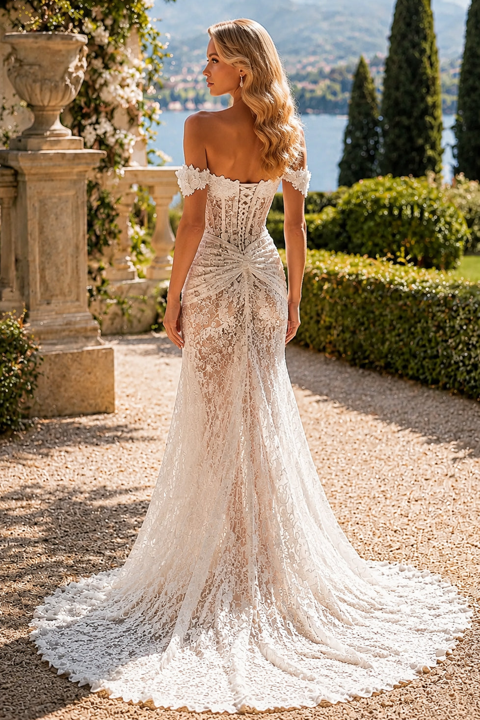 White Lace Mermaid Off Shoulder High Slit Corset Back Train Wedding Dress