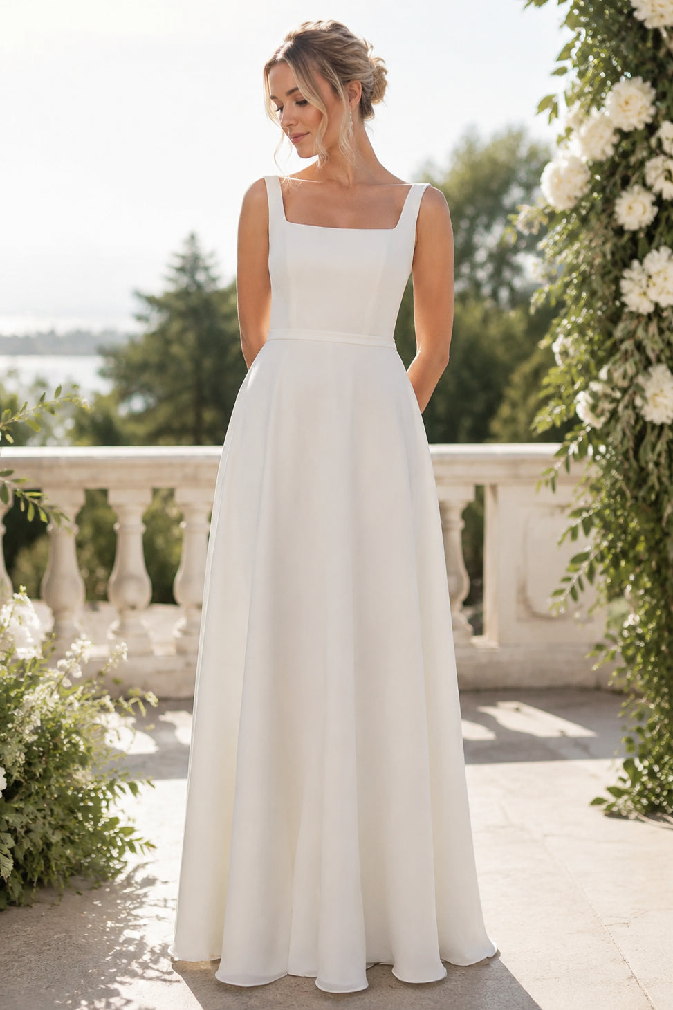 White Chiffon A Line Square Neck Sleeveless U Back Floor Wedding Dress