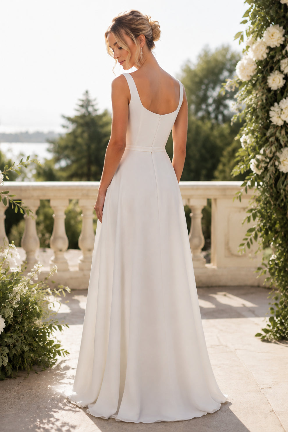 White Chiffon A Line Square Neck Sleeveless U Back Floor Wedding Dress