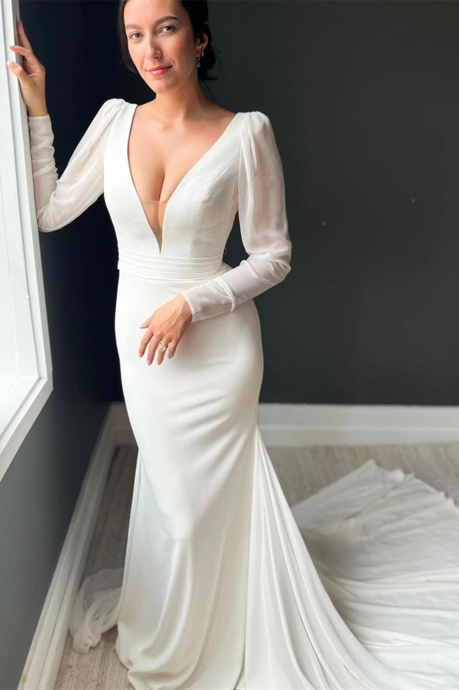 White Chiffon Mermaid Deep V Long Sleeve Low Back Train Wedding Dress