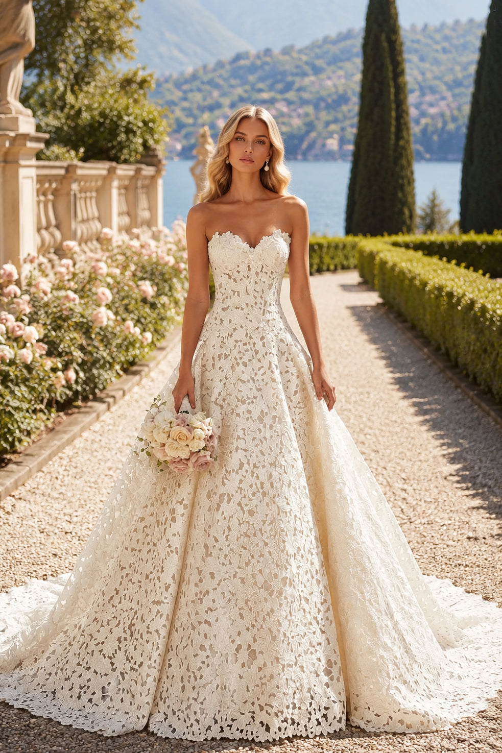 White Lace A Line Sweetheart Strapless Straight Back Train Wedding Dress