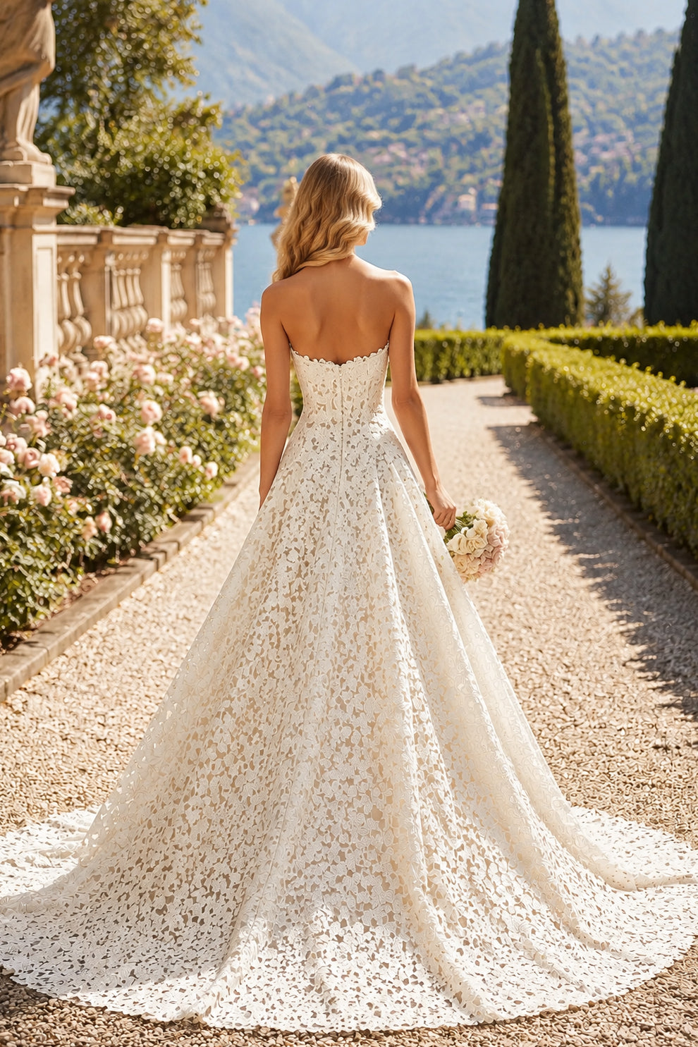 White Lace A Line Sweetheart Strapless Straight Back Train Wedding Dress