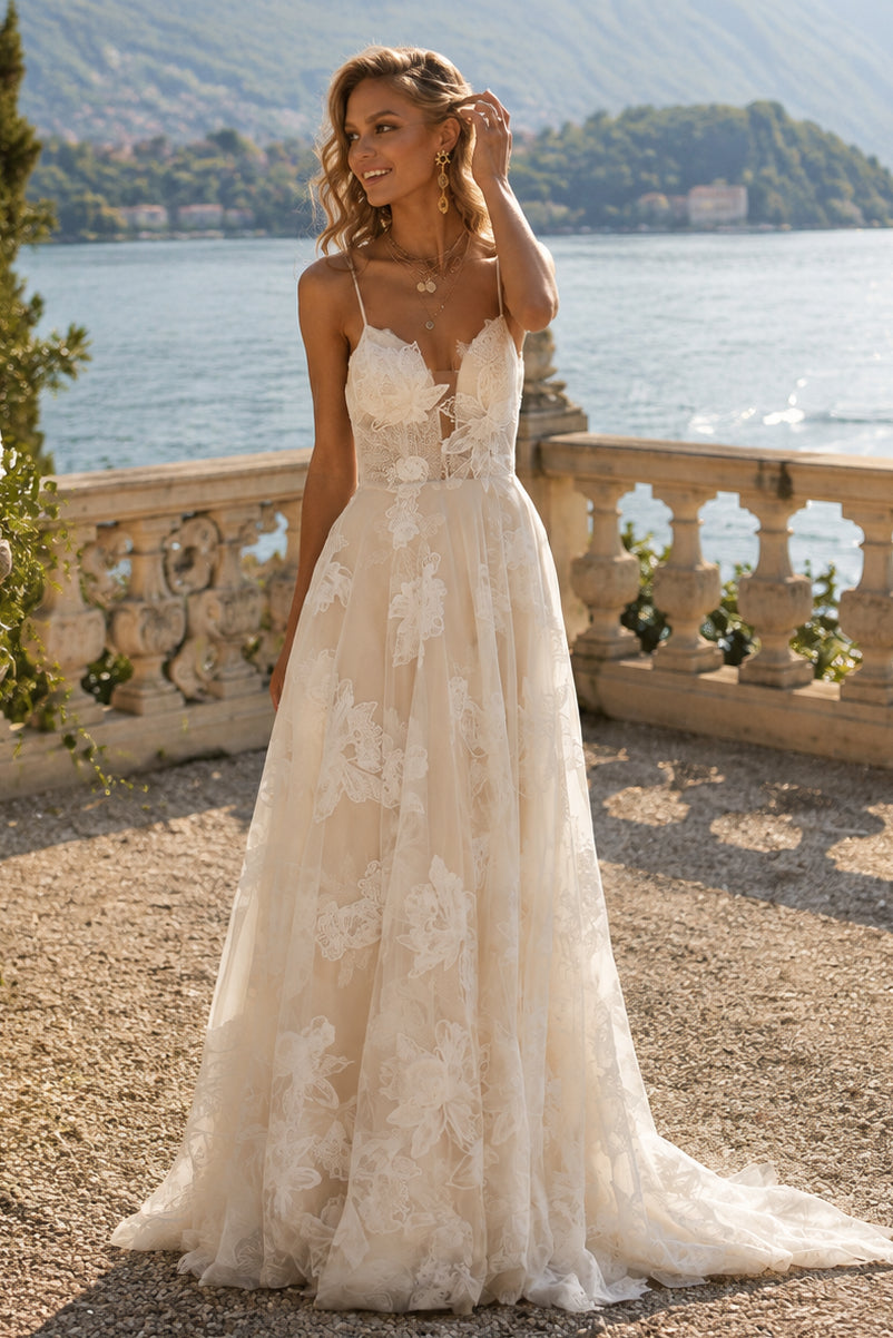 White Lace A Line V Neck Spaghetti Strap Low Back Train Wedding Dress